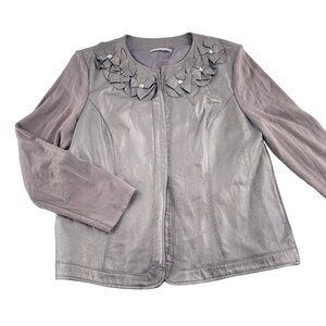 Peter Nygard Womens Leather‎ Jacket With Suede Sleeves & Floral Appliqué - Gray
